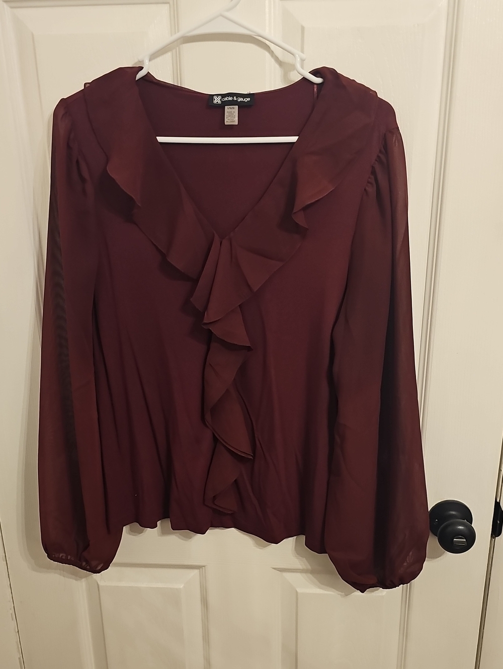 Cable & Gauge Burgundy Ruffle V-Neck Blouse